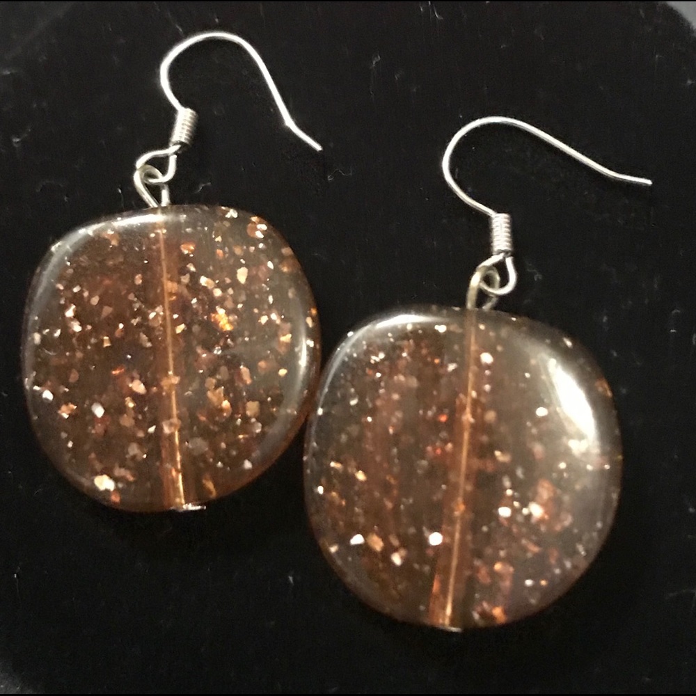 Brown Resin Earrings Gold Colored Flecks NWOT